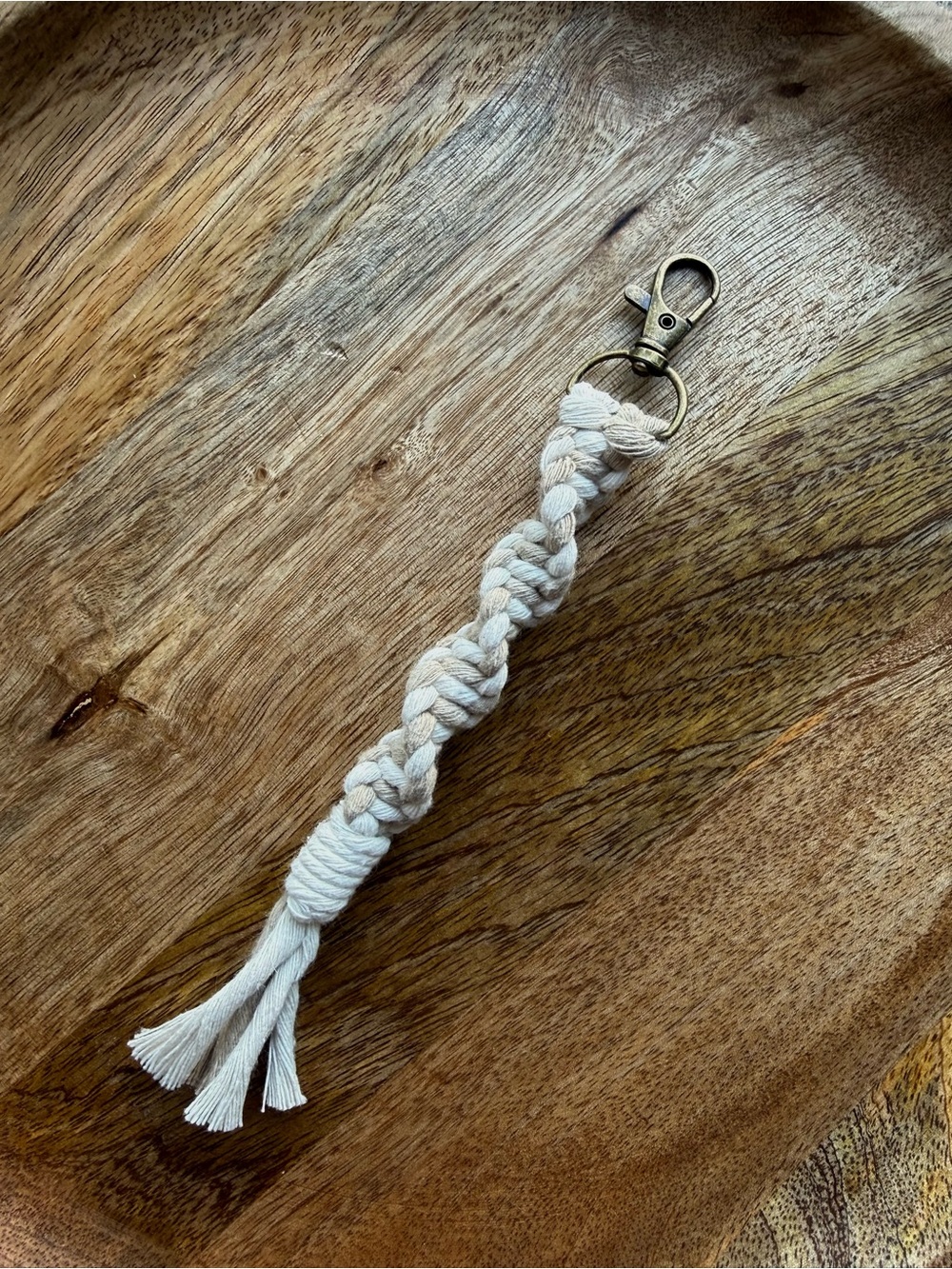 Macrame Handmade Keychain Boho, Bag Charm, Beige and White